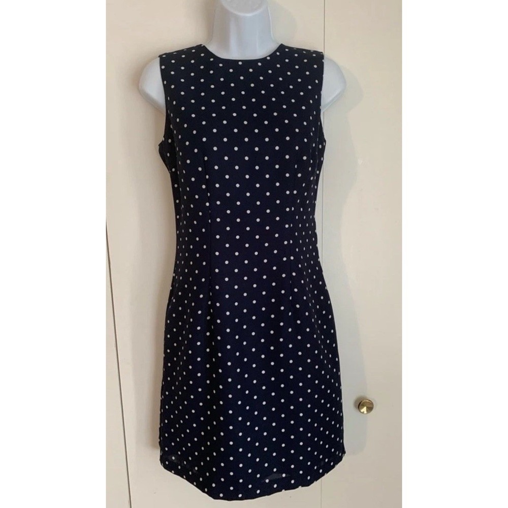 Vintage 90s Navy Blue White Polka Dot Sheath Dress 12* fits M Preppy Timeless